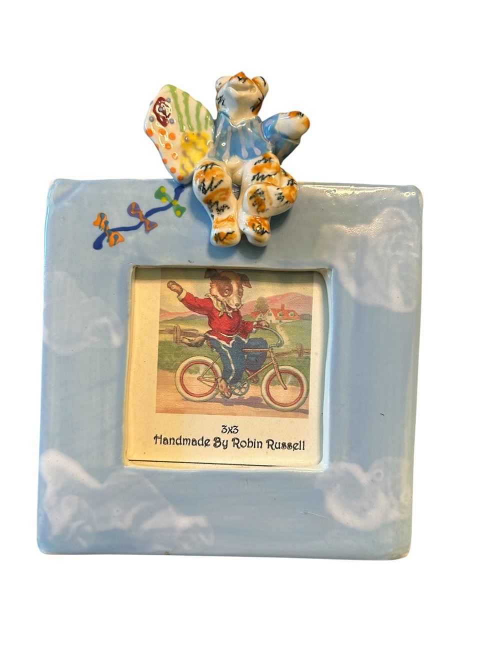 Handmade Ceramic Blue Picture Frame with Decorative Cat Accent
